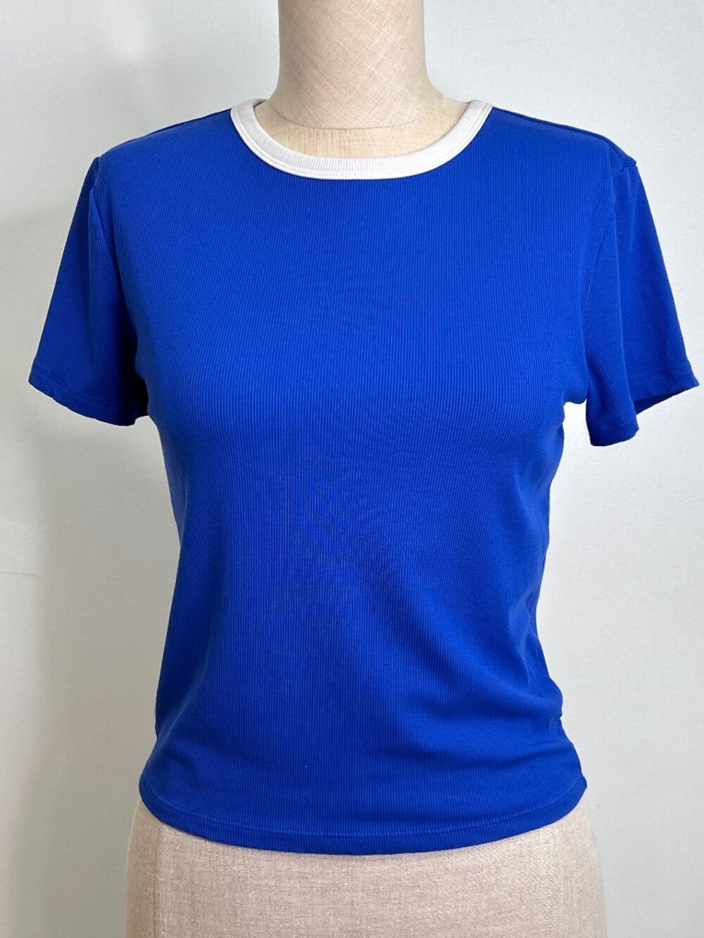 Athleta Signature Rib Crop Tee Blue White Trim Ringer Short Sleeve